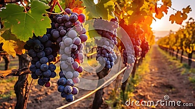 Ripe grapes in vineyard at sunset, Tuscany, Italy. Stock Photo