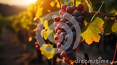 Ripe grapes in vineyard at sunset, Tuscany, Italy. Stock Photo