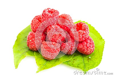 Ripe red raspberry on green laeves Stock Photo