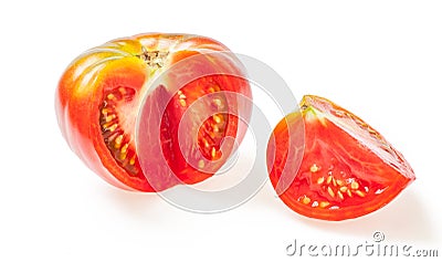 Ripe red tomato with cut piece. Isolated on white Stock Photo