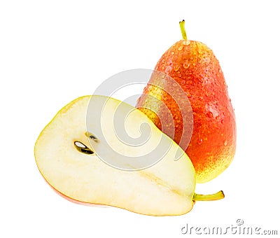 Ripe red and yellow pear and pear half. Stock Photo