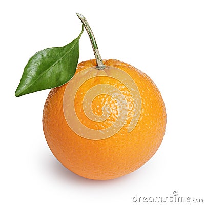 Ripe round orange with stem and leaf Stock Photo