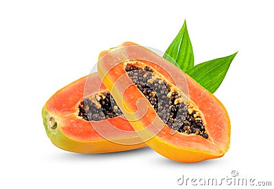Ripe slice papaya with leaf isolated on white background. Stock Photo