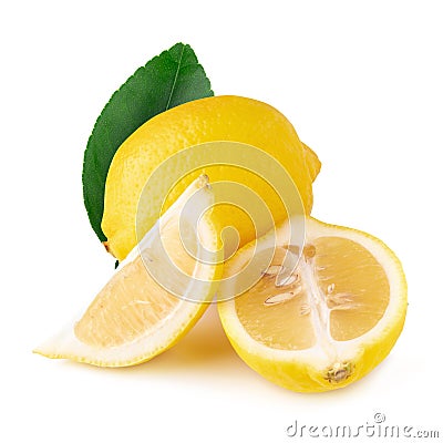 Ripe slice of yellow lemon citrus fruit isolated over white background Stock Photo