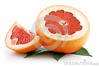 Ripe Sliced Grapefruit with Leaves Isolated Stock Photo