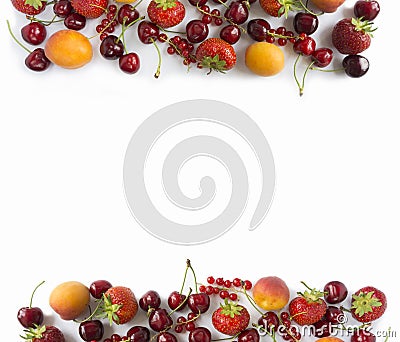 Ripe strawberries, redcurrants, apricots and cherries on white Stock Photo