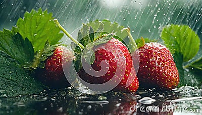 Ripe strawberry fruit in summer shower rain Cartoon Illustration