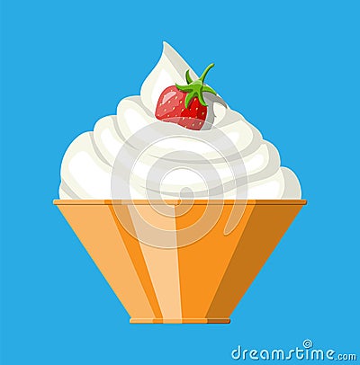 Ripe strawberry and whipping cream in bowl Vector Illustration