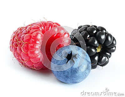 Ripe Sweet Raspberry, Blueberry and Blackberry on the White Stock Photo