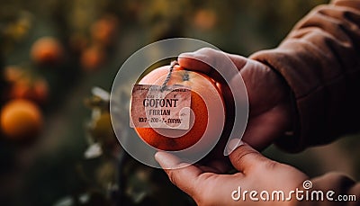 A ripe tangerine held by a human hand in nature generated by AI Stock Photo