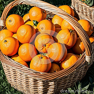 Ripe tangerines in a basket on a wooden table Stock Photo