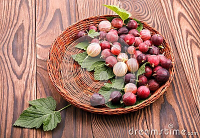 Ripe, tasty gooseberries with green leaves in a light brown crate on a wooden background. The basket full of juicy berries. Stock Photo