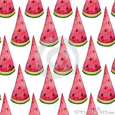Ripe watermelon slices seamless watercolor pattern. Hand drawn illustration on white background. Juicy triangular pieces Cartoon Illustration