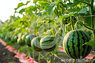 Ripe watermelons growing in a sunny field Stock Photo