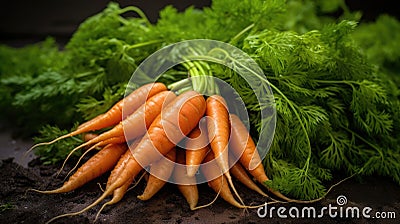 Ripe wet carrots lying in a pile with green leaves. Harvesting, autumn Stock Photo