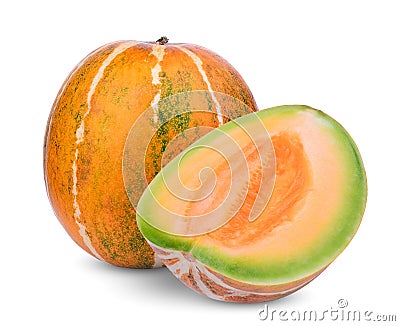 Ripe whole and slice musk melon isolated on white Stock Photo