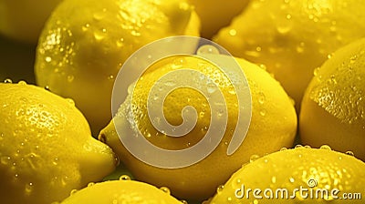 Ripe whole yellow lemon citrus fruit with water drops. Many lemons. Closeup view. Fruits backdrop. Generative AI. Illustration for Stock Photo
