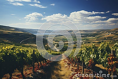 Ripe wine grapes on vines in Tuscany, Italy. Picturesque wine farm, vineyard. Sunset warm light Stock Photo