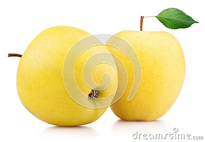 Ripe yellow apple fruits with leaf isolated on white Stock Photo