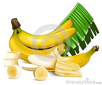 Ripe yellow bananas with slices and leaves. Vector Illustration