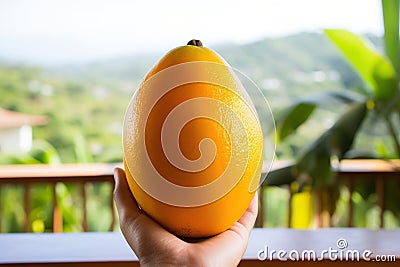 Ripe yellow mango fruit in hand against nature background. Generated by artificial intelligence Stock Photo