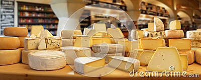 Ripened cheese in a dairy store ready to be sold, panoramic view, generated ai Stock Photo