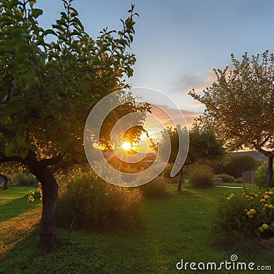 Ripening fruits on trees. Fruit garden on sunset. generative ai Stock Photo