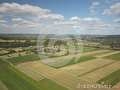 Ripening grain harvest in wheat fields from a bird`s eye view. Mechanization of agricultural labor. The farm is a source of food. Stock Photo