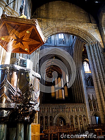 The pulpit of Ripon Cathedral in North Yorkshire England Editorial Stock Photo