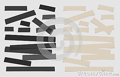 Ripped black and brown note paper strips, adhesive, sticky tape, stuck on white background. Vector Illustration