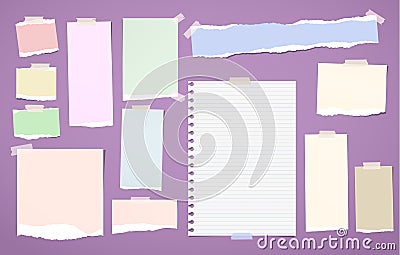 Ripped blank lined, colorful note, notebook paper strips, sheets stuck with sticky tape for text or message on violet Vector Illustration