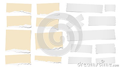 Ripped blank note, notebook paper strips, adhesive, sticky tape for text or message stuck on white background Vector Illustration