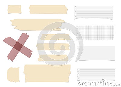 Ripped blank note paper, brown sticky, adhesive tapes are stuck on white wall Vector Illustration