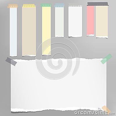 Ripped colorful note strips, notebook, copybook paper sheet stuck on gray background. Vector Illustration