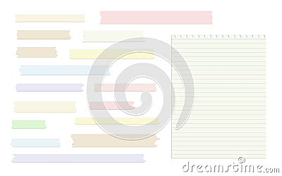 Ripped colorful pastel sticky, masking tape and note, notebook, copy book ruled paper sheet Stock Photo