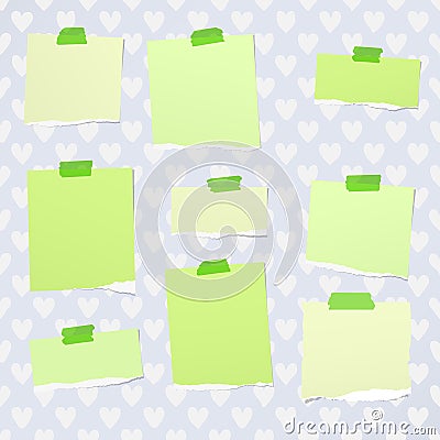 Ripped green notebook, note paper stuck with sticky tape on pattern created of heart shapes Vector Illustration