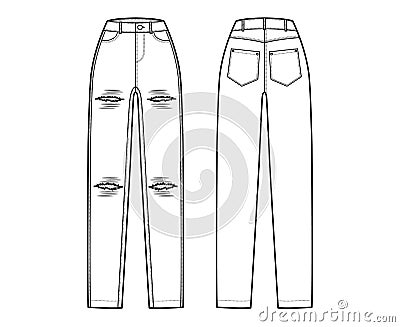 Ripped Jeans distressed Denim pants technical fashion illustration with full length, normal waist, high rise, 5 pockets Vector Illustration