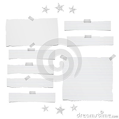 Ripped lined and blank note, notebook paper strips, sheets for text or message stuck with sticky tape on white Vector Illustration