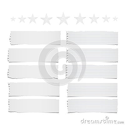 Ripped lined and blank note, notebook paper strips for text or message stuck on white background with stars on top Vector Illustration