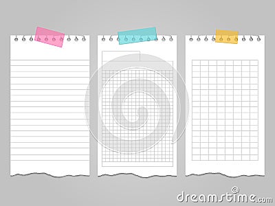 Ripped lined notebook pages templates for notes or memo Vector Illustration