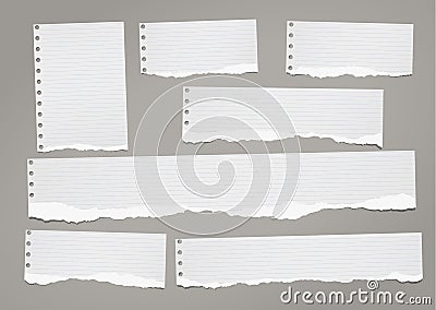 Ripped lined notebook paper strips for text or message stuck on dark gray background. Vector Illustration