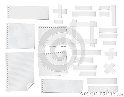 Ripped lined, squared, note, notebook paper sheets and masking, adhesive tape for text or message stuck on white Vector Illustration