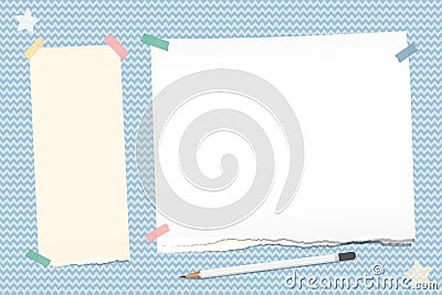 Ripped note, notebook, copybook paper stuck with sticky tape, white pencil, stars on blue wavy background. Vector Illustration