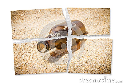 Ripped photo of a bottle of beer resting on the beach - Alcoholism and tobacco addiction concept Stock Photo