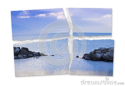 Ripped photo of a calm sea - The loss of calm and serenity - concept image Stock Photo