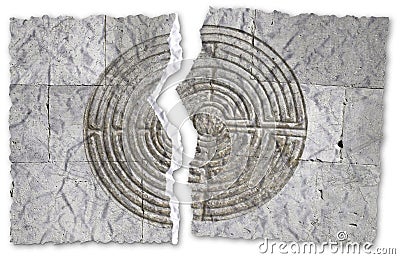 Ripped photo of a labyrinth carved on stone wall of a romanesque church Stock Photo