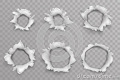 Ripped torn metal window shellhole blow bullet projectile explosion hole set transparent background vector illustration Vector Illustration