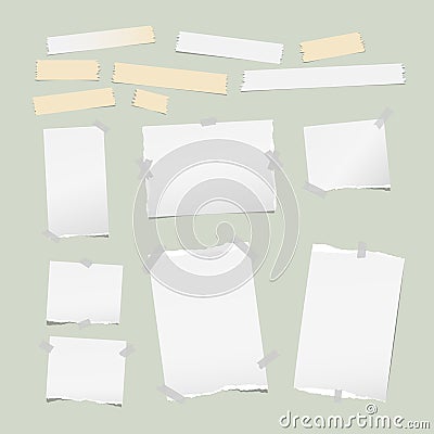 Ripped white note, notebook, copybook paper strips, sticky, adhesive tape, stuck light green background. Vector Illustration