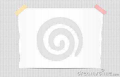 Ripped white note, notebook, copybook paper stuck with sticky tape on squared background. Vector Illustration