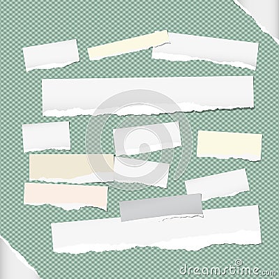 Ripped white note, notebook, copybook strips stuck on squared green background and paper on corners. Vector Illustration